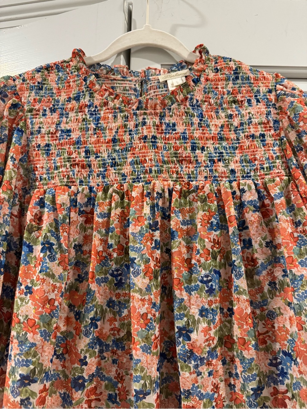 Shoshanna Coral Floral Smocked Puff-Sleeve Blouse with Blue and Green Accents - Picture 3 of 7